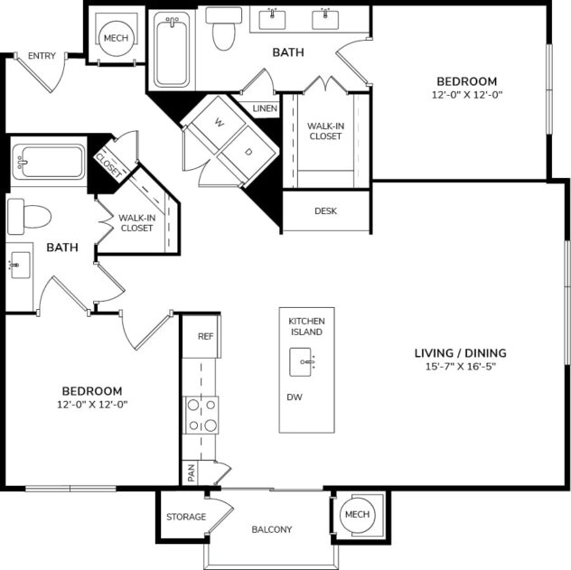 Rendering of the B3 floor plan with 2 bedroom[s] and 2 bathroom[s] at Windsor Oak Hill