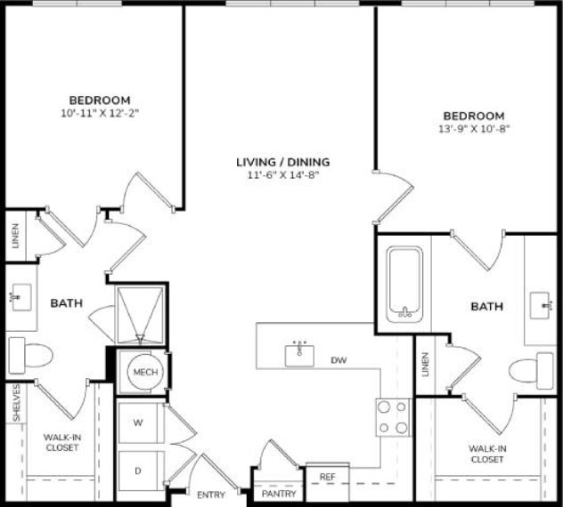 Rendering of the B3 floor plan with 2 bedroom[s] and 2 bathroom[s] at Windsor South Lamar