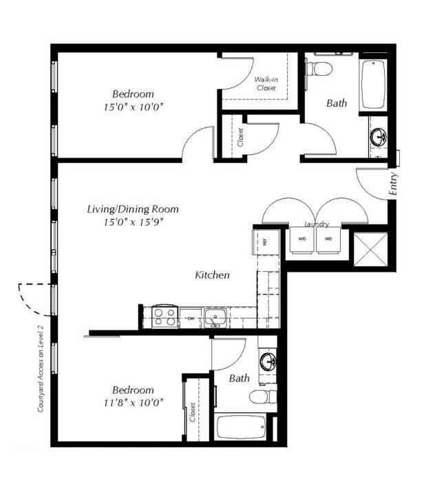 Rendering of the B3 floor plan with 2 bedroom[s] and 2 bathroom[s] at Windsor Ballard