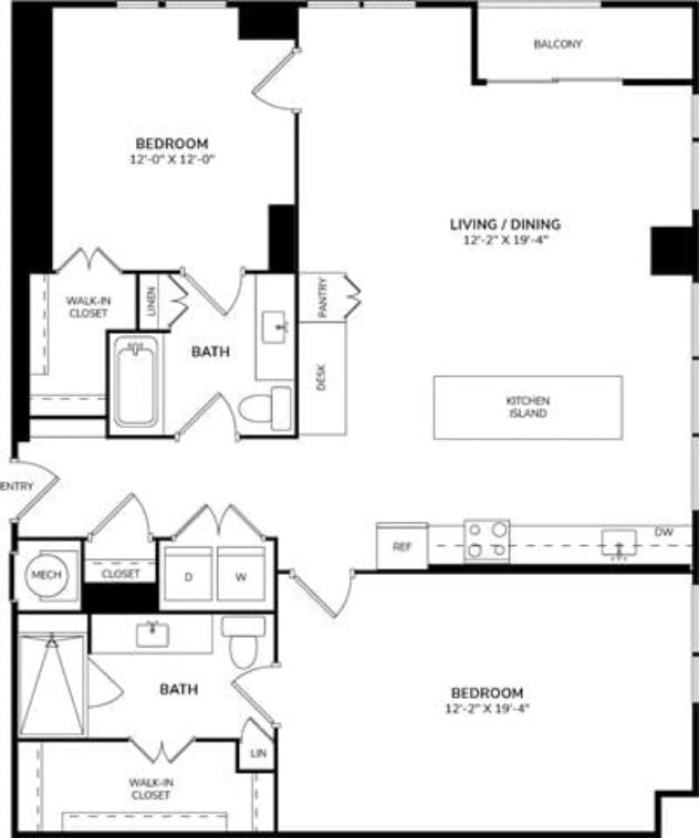 Rendering of the B4 floor plan with 2 bedroom[s] and 2 bathroom[s] at The Jordan by Windsor