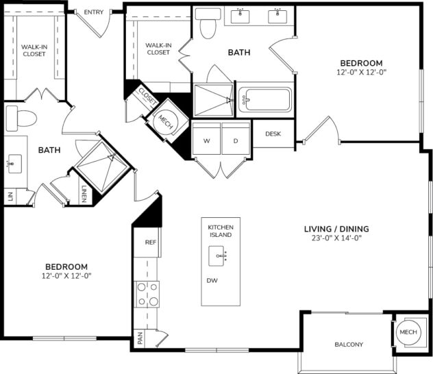 Rendering of the B4 floor plan with 2 bedroom[s] and 2 bathroom[s] at Windsor Oak Hill