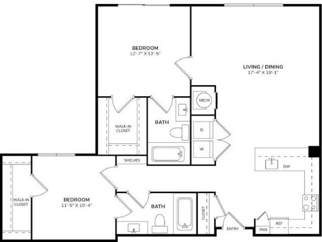 Rendering of the B4 floor plan with 2 bedroom[s] and 2 bathroom[s] at Windsor South Lamar