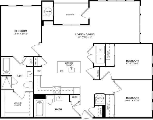 Rendering of the C1 floor plan with 3 bedroom[s] and 2 bathroom[s] at Windsor at Pinehurst