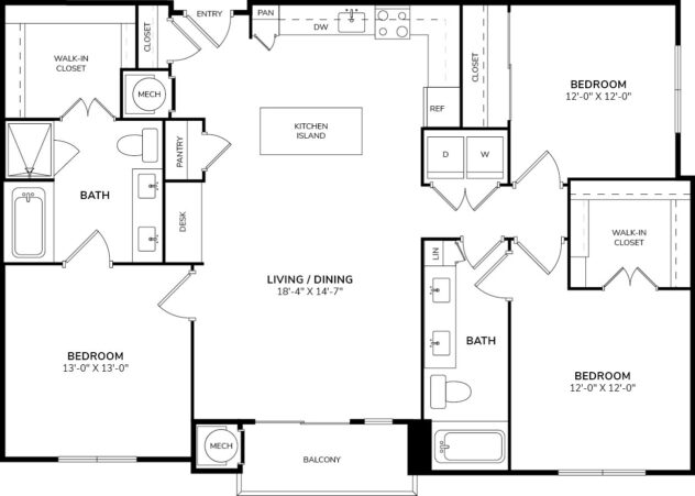 Rendering of the C1 floor plan with 3 bedroom[s] and 2 bathroom[s] at Windsor Oak Hill