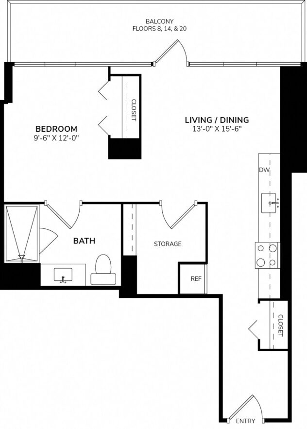 Rendering of the Convertible One Bedroom C floor plan with a Studio bedroom and 1 bathroom[s] at 640 North Wells