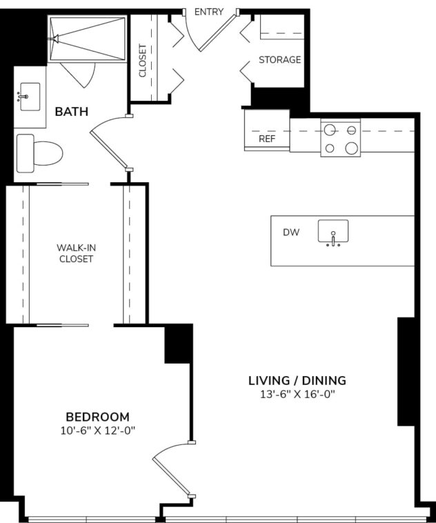 Rendering of the One Bedroom 06B - 09B floor plan with 1 bedroom[s] and 1 bathroom[s] at 640 North Wells