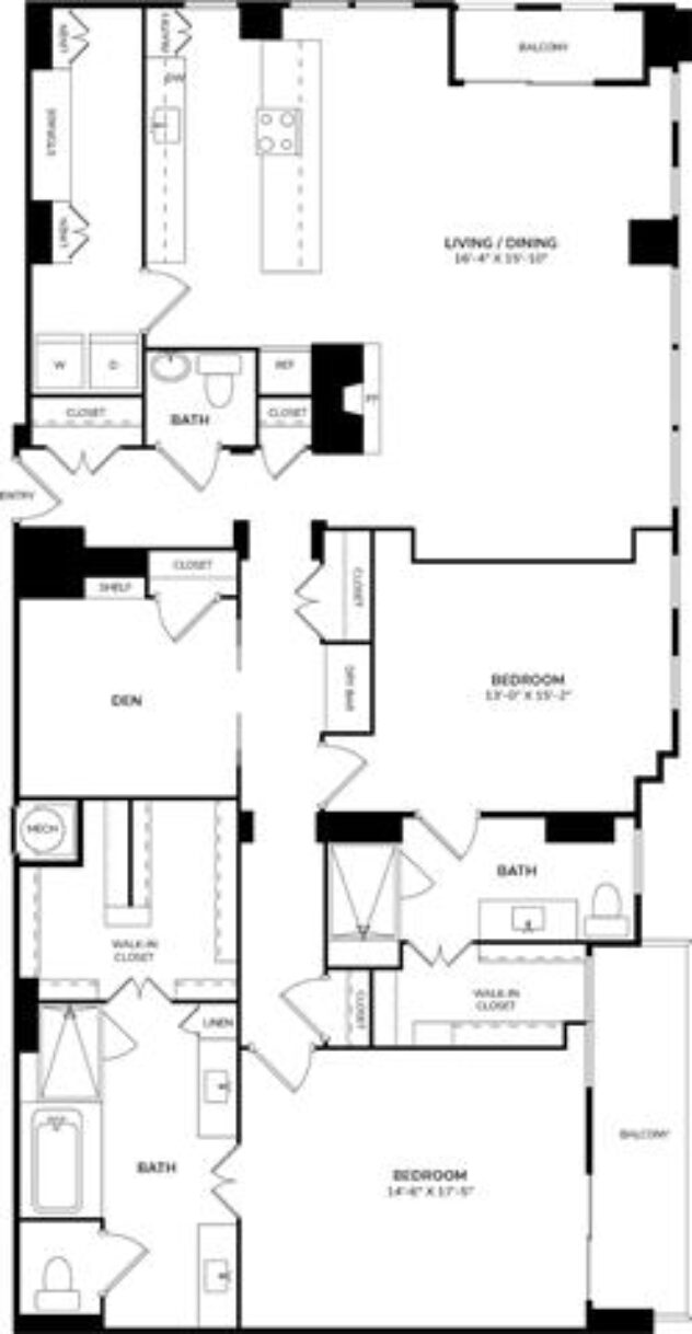 Rendering of the PH1 floor plan with 2 bedroom[s] and 2 bathroom[s] at The Jordan by Windsor