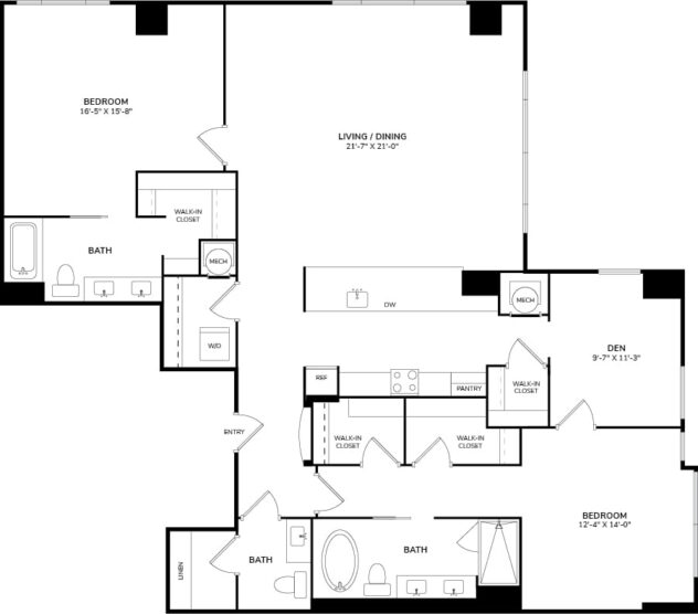 Rendering of the PH2 floor plan with 2 bedroom[s] and 2.5 bathroom[s] at The Martin