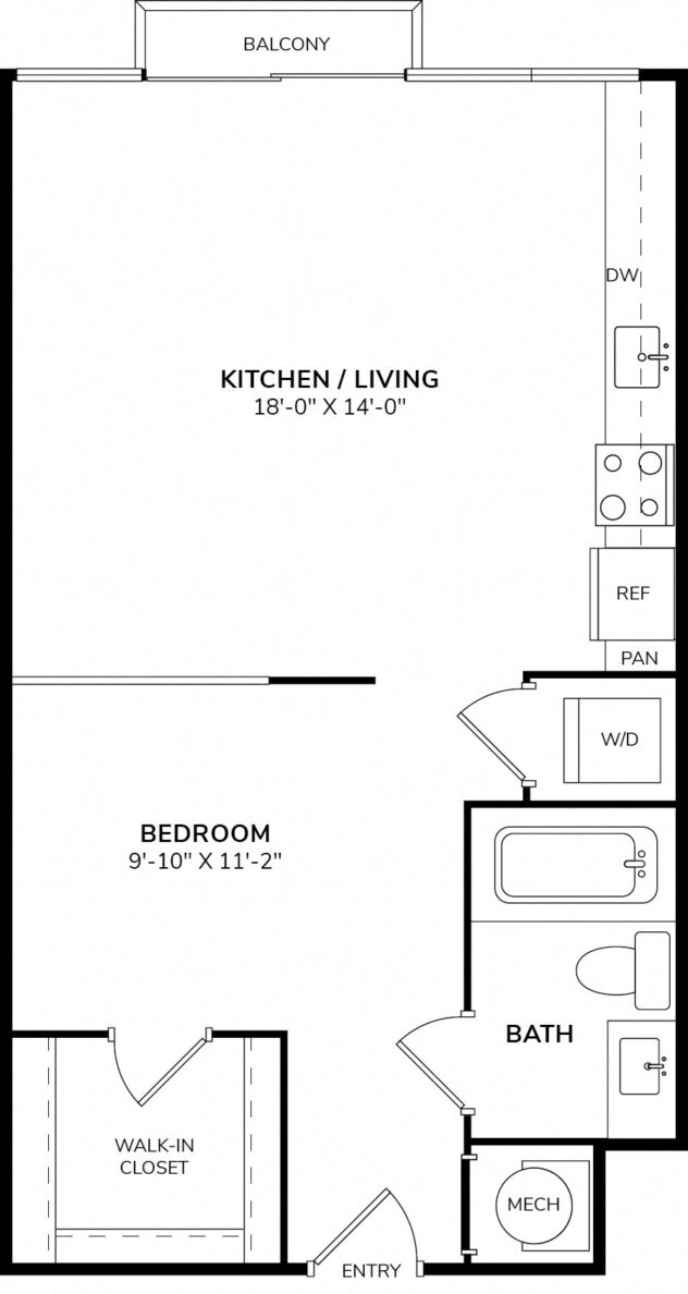 Rendering of the S1 floor plan with a Studio bedroom and 1 bathroom[s] at Céntrico by Windsor