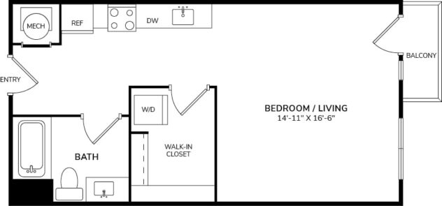 Rendering of the S1 floor plan with a Studio bedroom and 1 bathroom[s] at The Casey