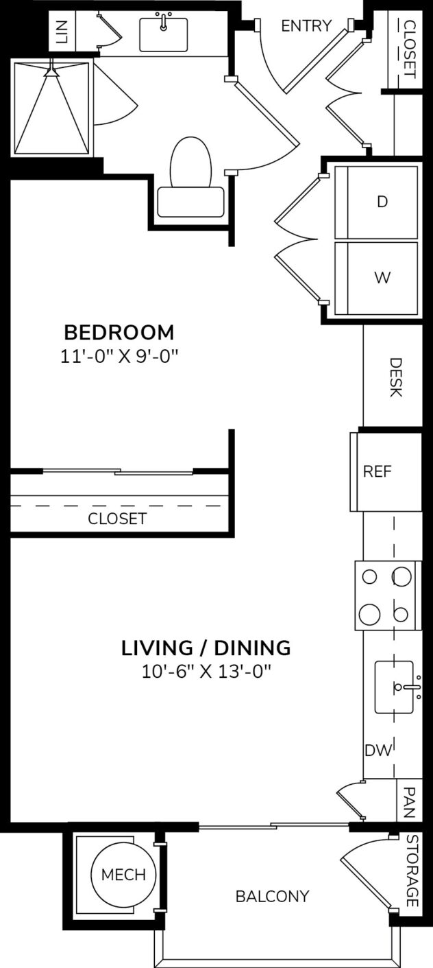 Rendering of the S1 floor plan with a Studio bedroom and 1 bathroom[s] at Windsor Oak Hill