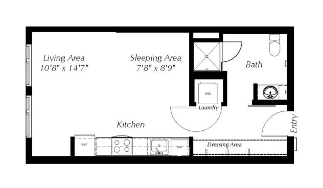 Rendering of the S1 floor plan with a Studio bedroom and 1 bathroom[s] at Windsor Ballard