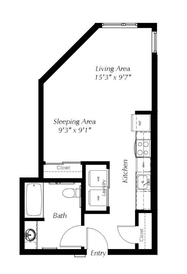 Rendering of the S2 floor plan with a Studio bedroom and 1 bathroom[s] at Windsor Ballard