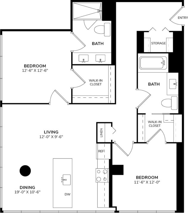 Rendering of the Two Bedroom 10B floor plan with 2 bedroom[s] and 2 bathroom[s] at 640 North Wells