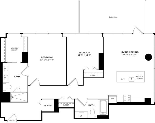 Rendering of the Two Bedroom 501 floor plan with 2 bedroom[s] and 2 bathroom[s] at 640 North Wells