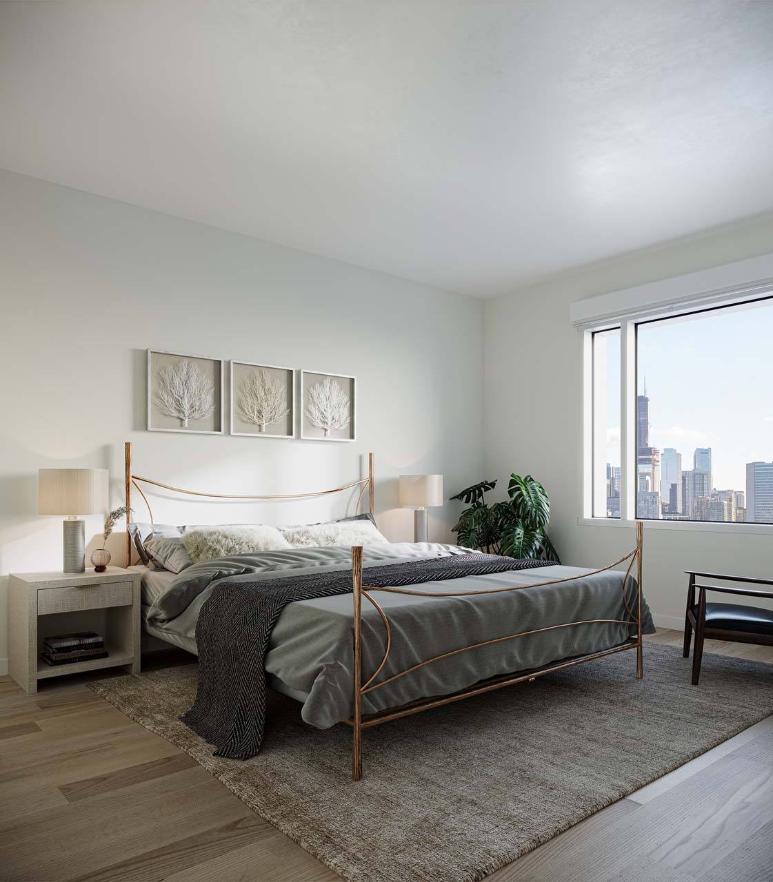 A bedroom with a large bed and a view of the city at Windsor North + Vine 633 W North Ave, Chicago, IL 60610.