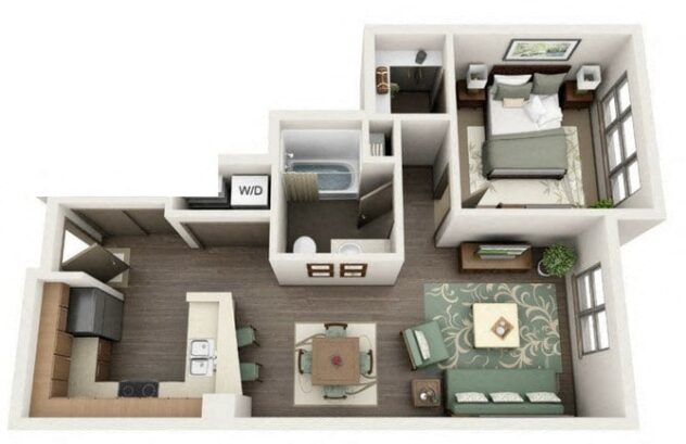 Rendering of the A floor plan with 1 bedroom[s] and 1 bathroom[s] at Platform 14