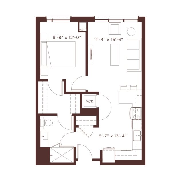 Rendering of the A1 floor plan with 1 bedroom[s] and 1 bathroom[s] at Windsor North + Vine