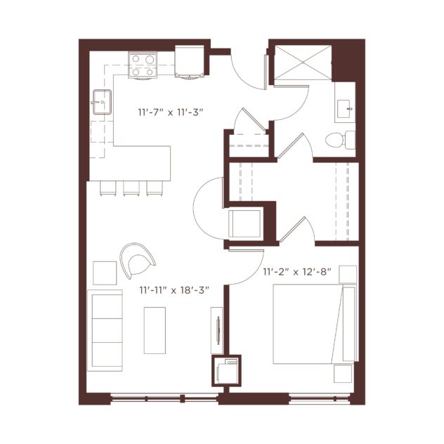 Rendering of the A2 floor plan with 1 bedroom[s] and 1 bathroom[s] at Windsor North + Vine