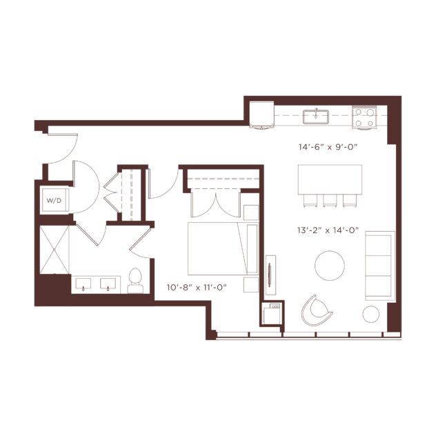 Rendering of the A3 floor plan with 1 bedroom[s] and 1 bathroom[s] at Windsor North + Vine