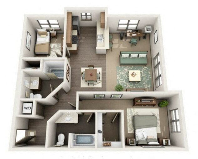 Rendering of the B floor plan with 2 bedroom[s] and 2 bathroom[s] at Platform 14