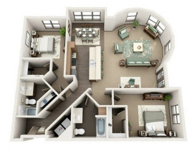 Rendering of the B2 floor plan with 2 bedroom[s] and 2 bathroom[s] at Platform 14