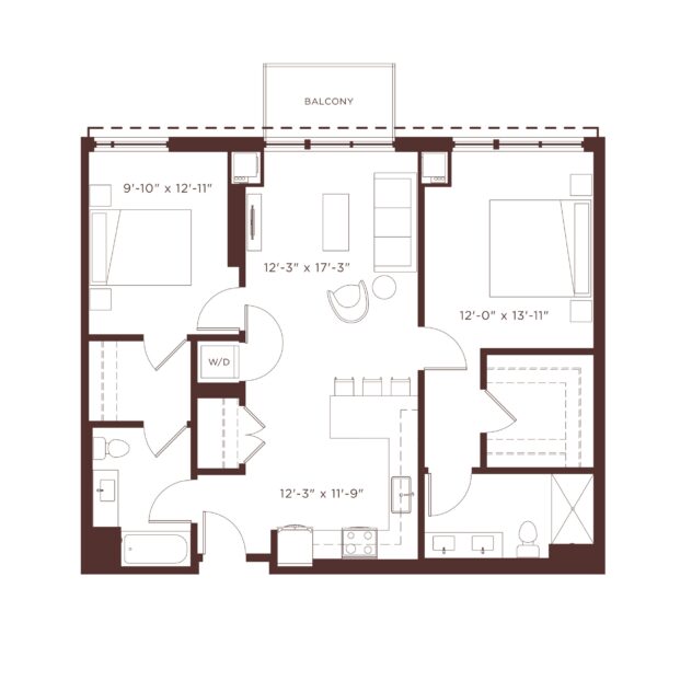 Rendering of the B2b floor plan with 2 bedroom[s] and 2 bathroom[s] at Windsor North + Vine