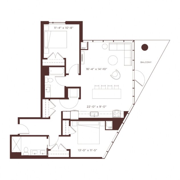 Rendering of the B3 floor plan with 2 bedroom[s] and 2 bathroom[s] at Windsor North + Vine