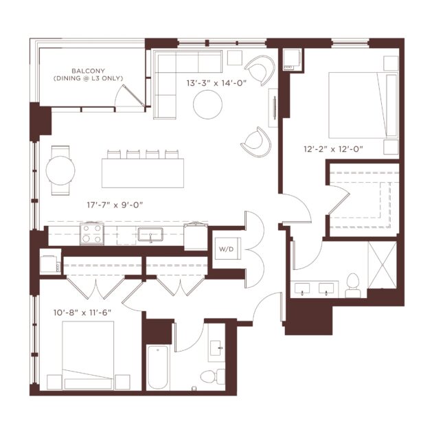 Rendering of the B4 floor plan with 2 bedroom[s] and 2 bathroom[s] at Windsor North + Vine