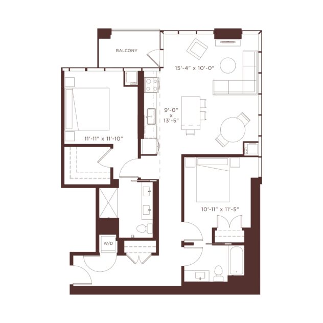 Rendering of the B5 floor plan with 2 bedroom[s] and 2 bathroom[s] at Windsor North + Vine