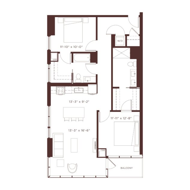 Rendering of the B6 floor plan with 2 bedroom[s] and 2 bathroom[s] at Windsor North + Vine