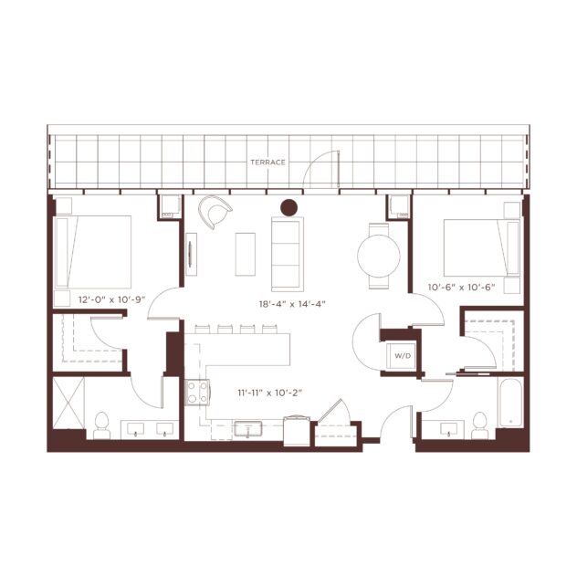 Rendering of the B8 floor plan with 2 bedroom[s] and 2 bathroom[s] at Windsor North + Vine