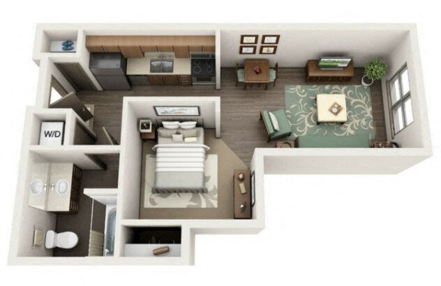 Rendering of the S floor plan with a Studio bedroom and 1 bathroom[s] at Platform 14