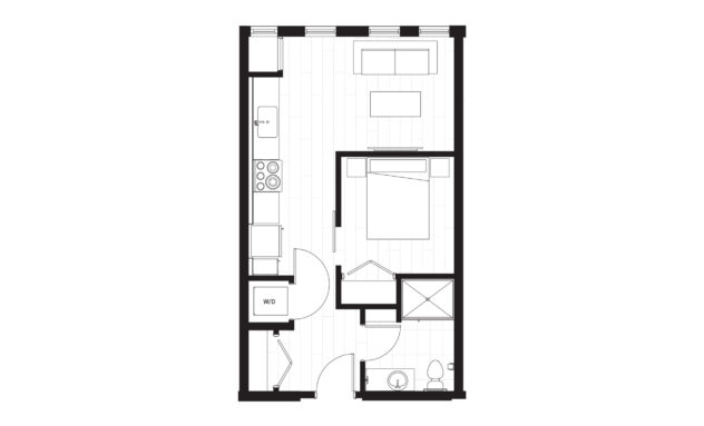 Rendering of the A1 floor plan with 1 bedroom[s] and 1 bathroom[s] at Windsor 3000 Huron