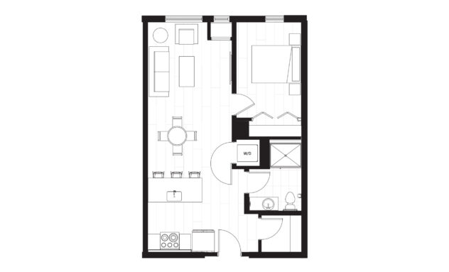 Rendering of the A10 floor plan with 1 bedroom[s] and 1 bathroom[s] at Windsor 3000 Huron