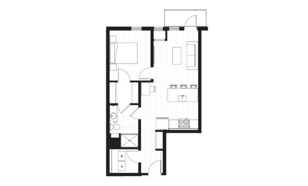 Rendering of the A11 floor plan with 1 bedroom[s] and 1 bathroom[s] at Windsor 3000 Huron