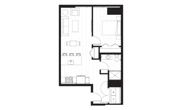 Rendering of the A13 floor plan with 1 bedroom[s] and 1 bathroom[s] at Windsor 3000 Huron