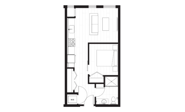 Rendering of the A2 floor plan with 1 bedroom[s] and 1 bathroom[s] at Windsor 3000 Huron