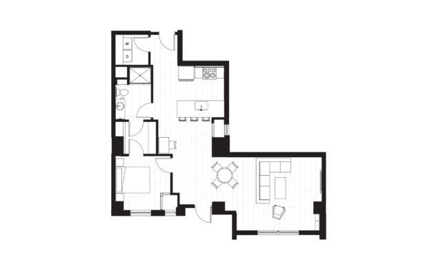 Rendering of the A3 floor plan with 1 bedroom[s] and 1 bathroom[s] at Windsor 3000 Huron