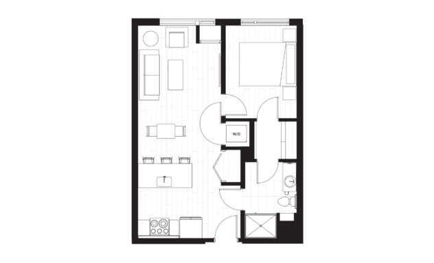 Rendering of the A4 floor plan with 1 bedroom[s] and 1 bathroom[s] at Windsor 3000 Huron