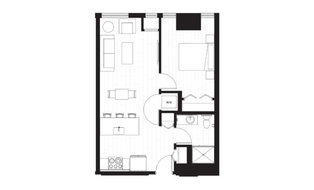 Rendering of the A6 floor plan with 1 bedroom[s] and 1 bathroom[s] at Windsor 3000 Huron