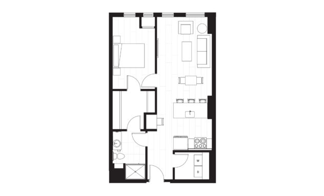 Rendering of the A8 floor plan with 1 bedroom[s] and 1 bathroom[s] at Windsor 3000 Huron