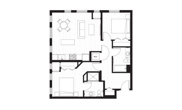 Rendering of the B1 floor plan with 2 bedroom[s] and 2 bathroom[s] at Windsor 3000 Huron