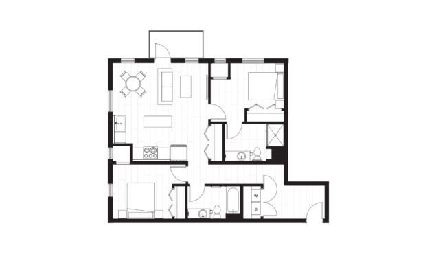 Rendering of the B2 floor plan with 2 bedroom[s] and 2 bathroom[s] at Windsor 3000 Huron