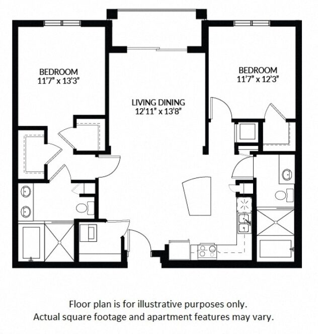 Rendering of the B2W  WORKFORCE UNIT floor plan with 2 bedroom[s] and 2 bathroom[s] at Windsor at Delray Beach