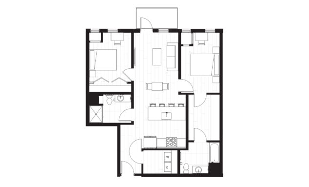 Rendering of the B3 floor plan with 2 bedroom[s] and 2 bathroom[s] at Windsor 3000 Huron