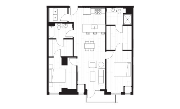 Rendering of the B4 floor plan with 2 bedroom[s] and 2 bathroom[s] at Windsor 3000 Huron