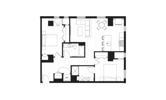 Rendering of the B7 floor plan with 2 bedroom[s] and 2 bathroom[s] at Windsor 3000 Huron