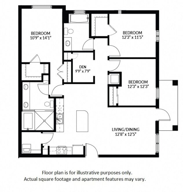 Rendering of the C3W  WORKFORCE UNIT floor plan with 3 bedroom[s] and 2 bathroom[s] at Windsor at Delray Beach