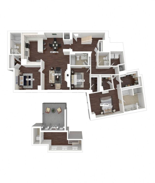 Rendering of the PH6 floor plan with 3 bedroom[s] and 3.5 bathroom[s] at The Woodley